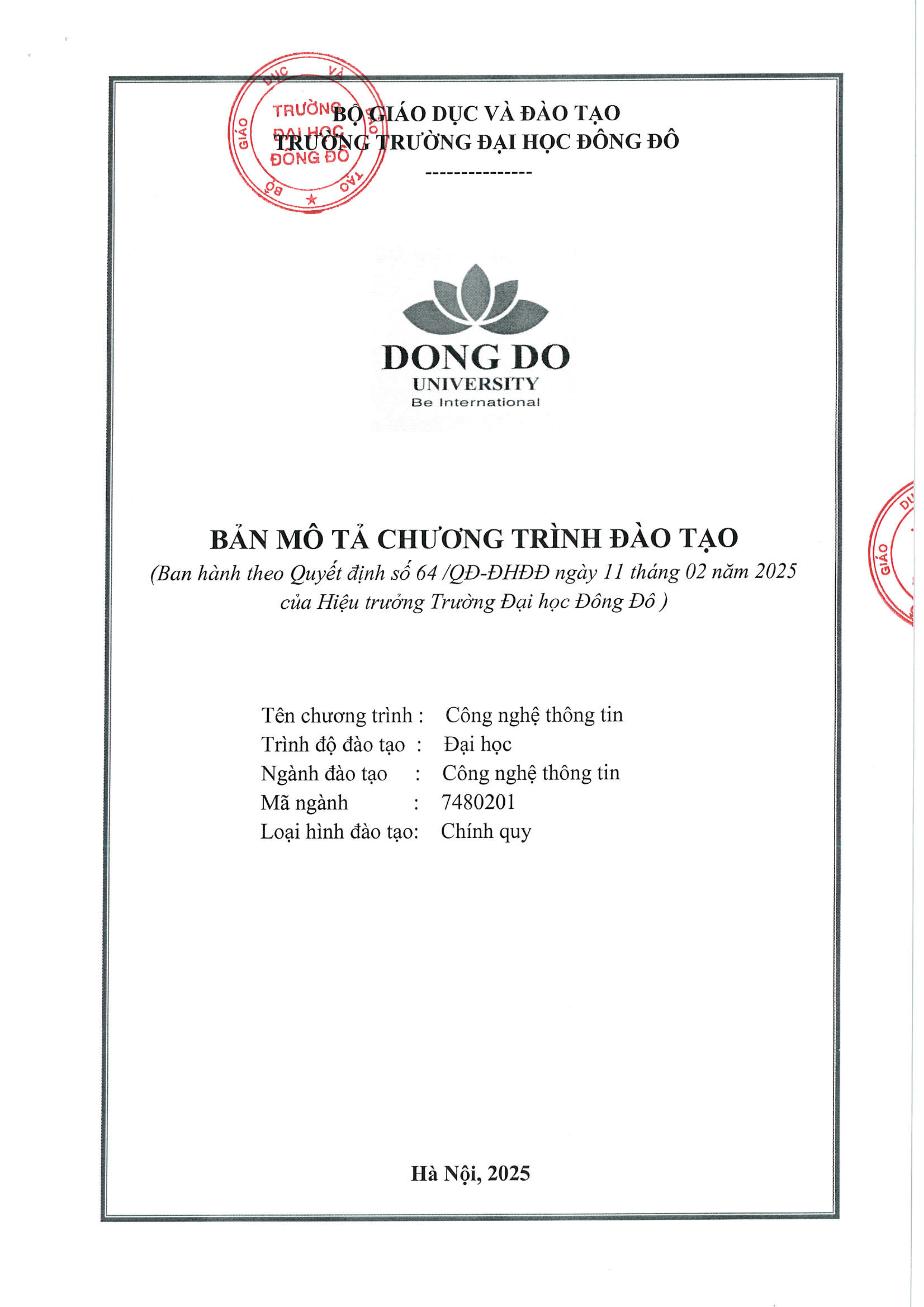 Bản mô tả chương trình đào tạo ngành Công nghệ thông tin